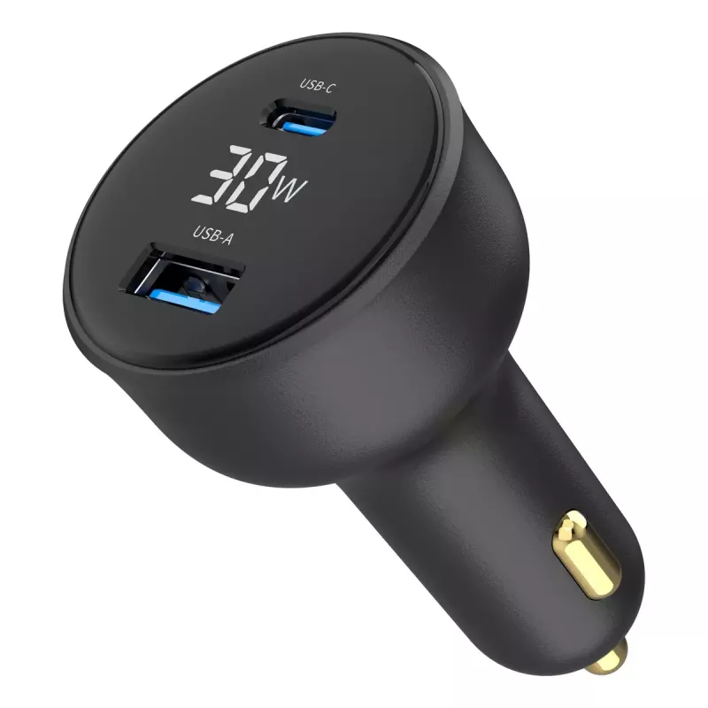 Cargador para coche Gembird TA-UC-AC2PD30LCD-CAR-01, USB-C, 30 W, 12–24 V, negro
