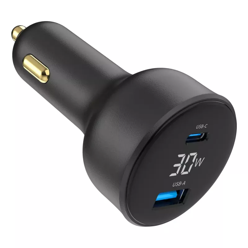 Cargador para coche Gembird TA-UC-AC2PD30LCD-CAR-01, USB-C, 30 W, 12–24 V, negro