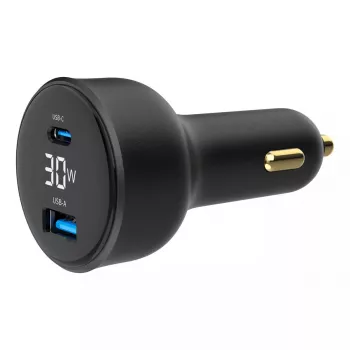 Cargador para coche Gembird TA-UC-AC2PD30LCD-CAR-01, USB-C, 30 W, 12–24 V, negro