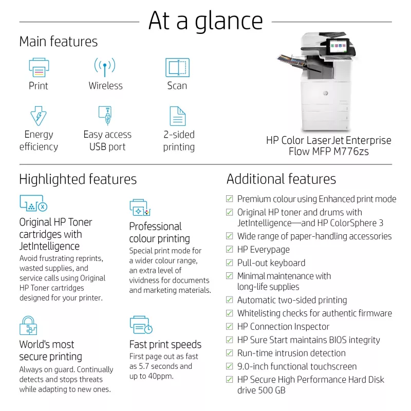 HP Color LaserJet Enterprise Flow MFP M776zs, Láser, Impresión en color, 1200 x 1200 DPI, A3, Impresión directa, Negro, Blanco
