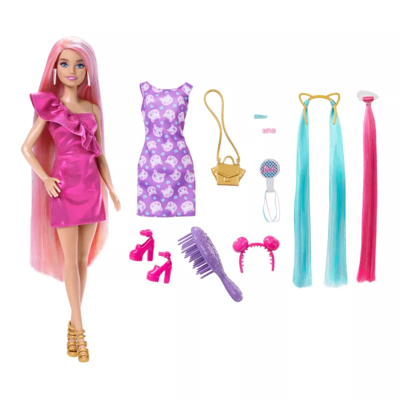 Muñeca Barbie Fun & Fancy con cabello rubio extra largo y multicolor y accesorios de estilismo