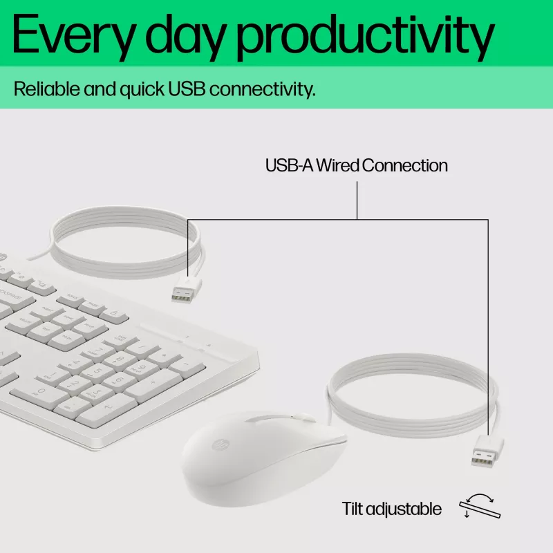 HP 225 Combinación de ratón y teclado con cable, tamaño completo (100 %), con cable, USB, Blanco, ratón incluido
