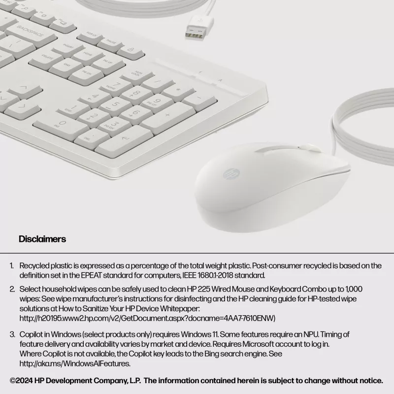 HP 225 Combinación de ratón y teclado con cable, tamaño completo (100 %), con cable, USB, Blanco, ratón incluido