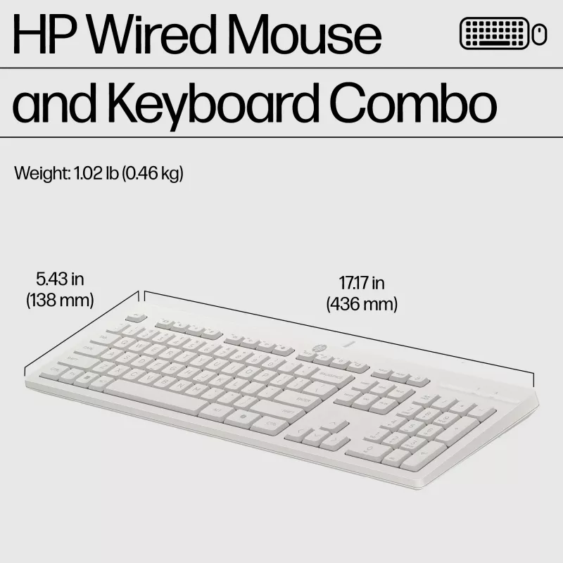 HP 225 Combinación de ratón y teclado con cable, tamaño completo (100 %), con cable, USB, Blanco, ratón incluido