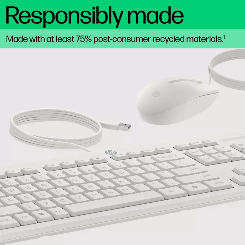 HP 225 Combinación de ratón y teclado con cable, tamaño completo (100 %), con cable, USB, Blanco, ratón incluido