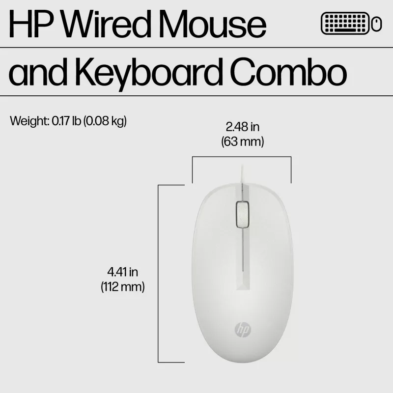 HP 225 Combinación de ratón y teclado con cable, tamaño completo (100 %), con cable, USB, Blanco, ratón incluido