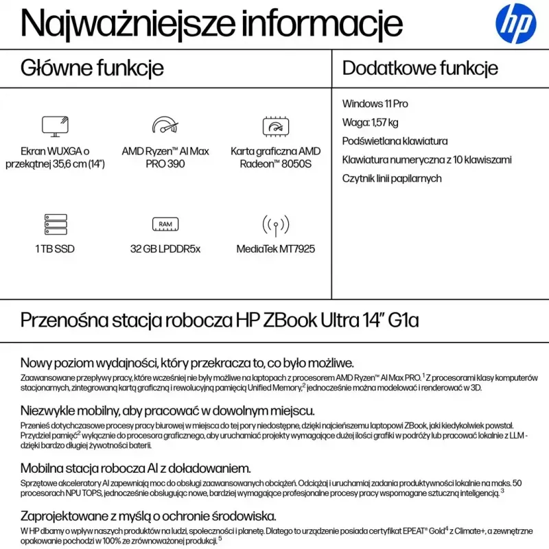 Estación de trabajo móvil HP ZBook Ultra 14 G1a Ryzen AI MAX PRO 390, 14,0 pulgadas WUXGA IPS 1920×1200, 32GB LPDDR5x-8533, 1TB NVMe SSD, Radeon 8050S