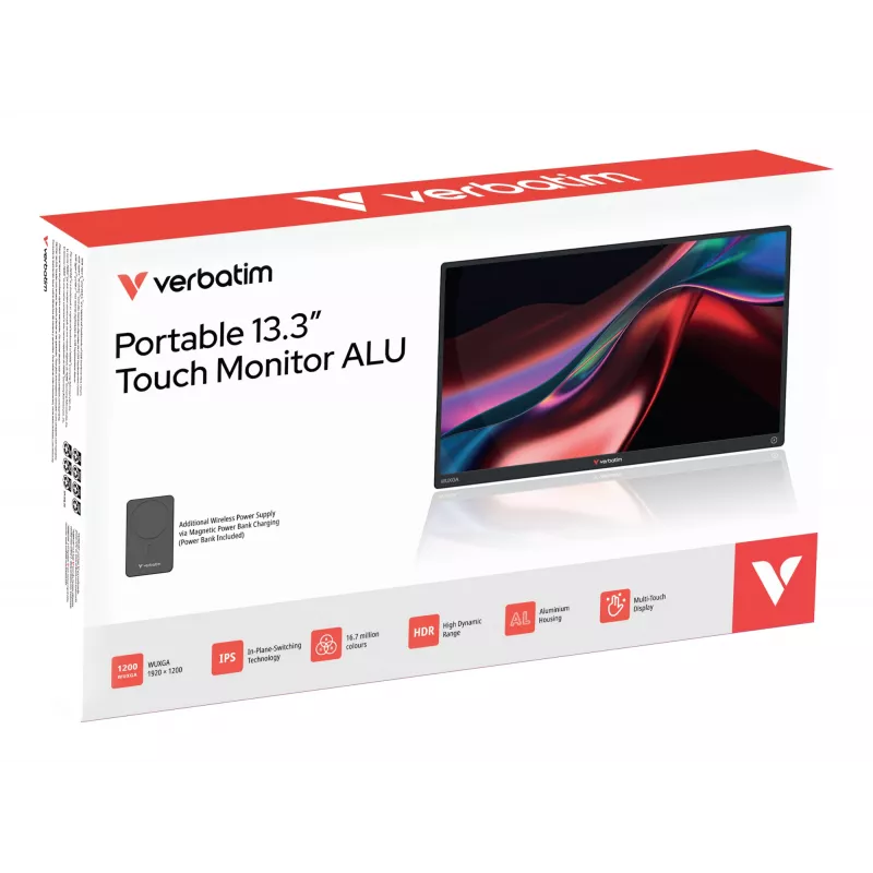 Monitor portátil VERBATIM 13,3 pulgadas WUXGA (1920x1200) pantalla táctil IPS, batería, USB-A/USB-C, 3,5 mm, aluminio, 0,925 kg