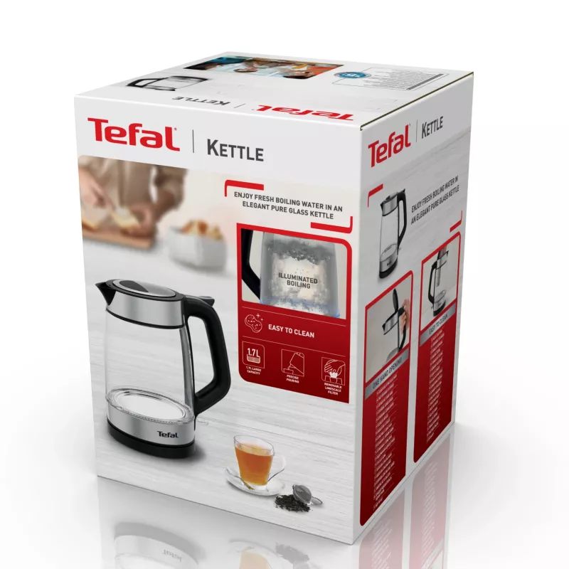 Hervidor de cristal Tefal KI605830 hervidor eléctrico 1,7 L 2200 W negro, plateado, transparente