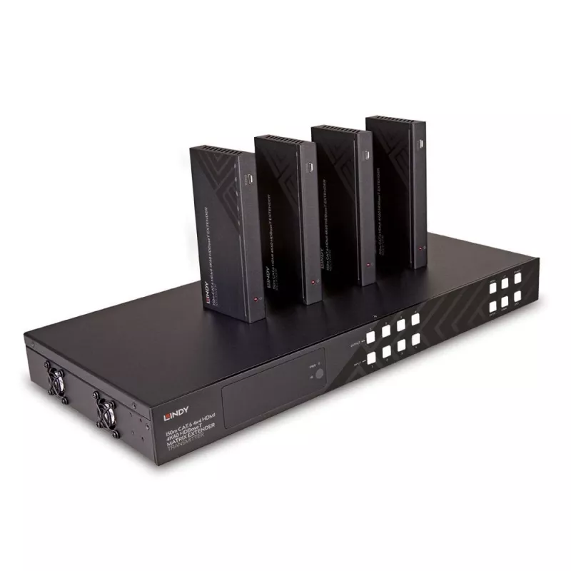 Lindy Matriz extensor HDBaseT Cat.6 4x4 HDMI 4K60 de 150 m, 3840 x 2160 píxeles, transmisor y receptor AV, 150 m, con cable, negro, HDCP