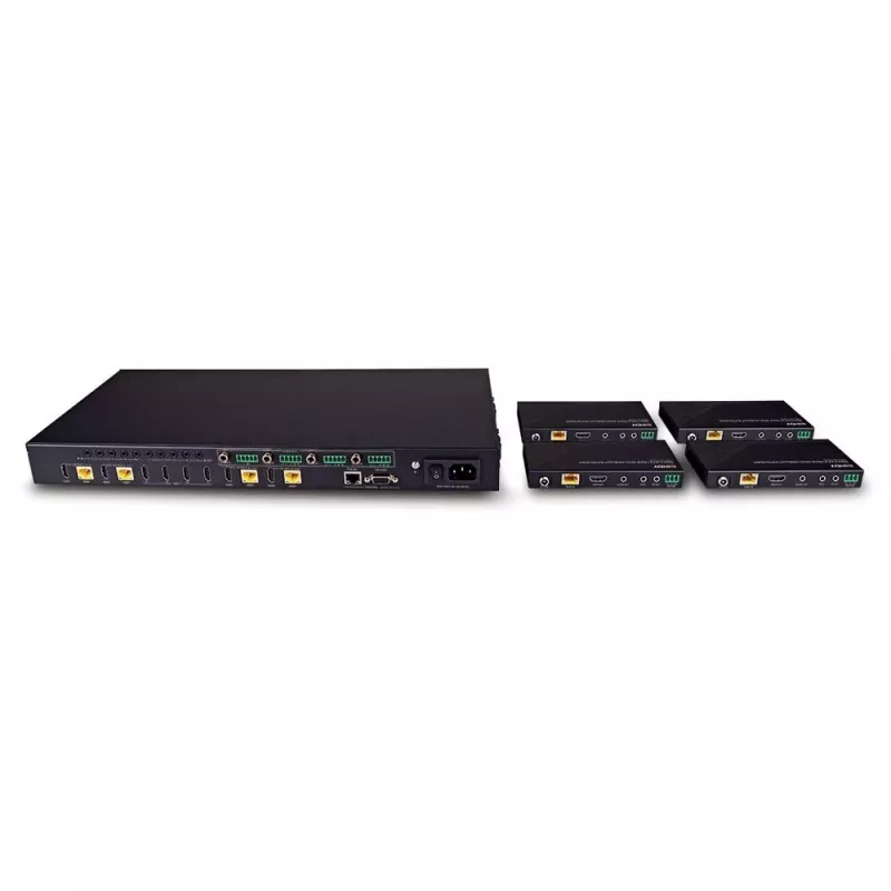 Lindy Matriz extensor HDBaseT Cat.6 4x4 HDMI 4K60 de 150 m, 3840 x 2160 píxeles, transmisor y receptor AV, 150 m, con cable, negro, HDCP