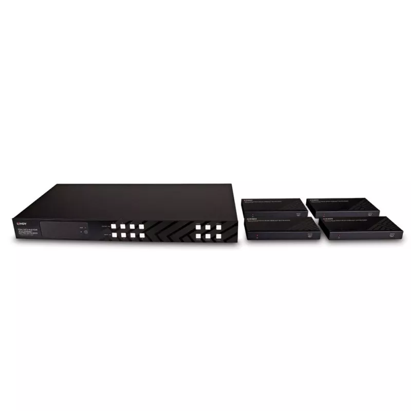 Lindy Matriz extensor HDBaseT Cat.6 4x4 HDMI 4K60 de 150 m, 3840 x 2160 píxeles, transmisor y receptor AV, 150 m, con cable, negro, HDCP