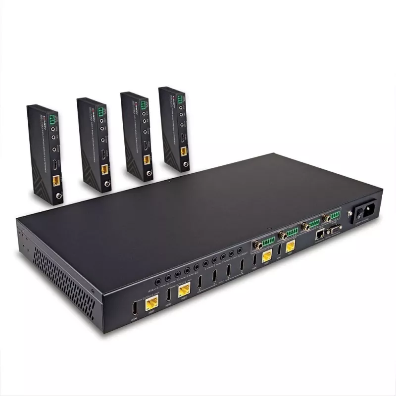Lindy Matriz extensor HDBaseT Cat.6 4x4 HDMI 4K60 de 150 m, 3840 x 2160 píxeles, transmisor y receptor AV, 150 m, con cable, negro, HDCP