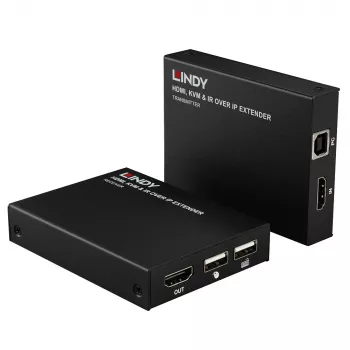 Lindy Extensor HDMI, KVM e IR over IP, transmisor y receptor, con cable, 150 m, Cat5e, Cat6, negro, metal