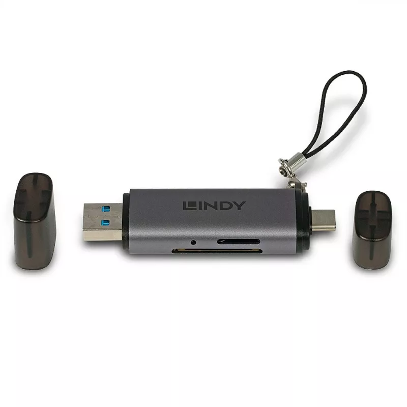 Lindy Lector de tarjetas SD/MicroSD USB 3.2 Type-C y A, MiniSD, SD, negro, gris, 5000 Mbit/s, USB 3.2 Gen 1 (3.1 Gen 1) Type-A/Type-C, 78,5 mm, 22,5 mm