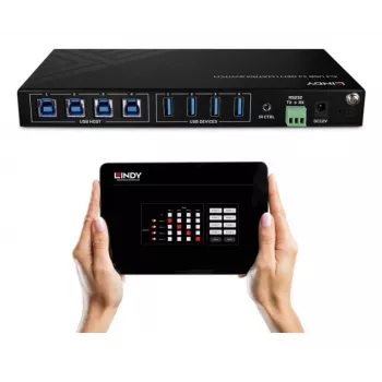 Lindy Switch de matriz USB 3.2 Gen 1 4x4, 5 Gbit/s, negro, metal, control giratorio, CE, FCC, RoHS y REACH, USB Type-A, USB Type-B