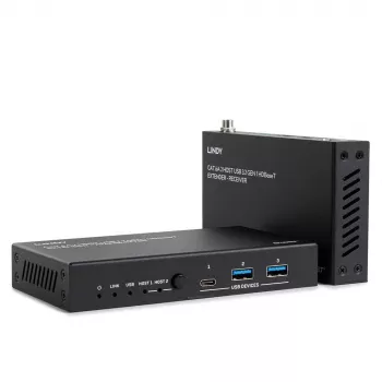Lindy Extensor USB 3.2 Gen 1 HDBaseT Cat.6A de 100 m con 2 hosts, transmisor y receptor de red, 100 m, 480 Mbit/s, Cat6a, VS6320, bronce fosforoso