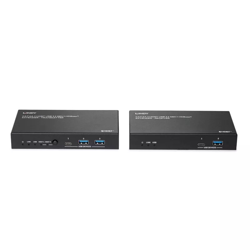 Lindy Extensor USB 3.2 Gen 1 HDBaseT Cat.6A de 100 m con 2 hosts, transmisor y receptor de red, 100 m, 480 Mbit/s, Cat6a, VS6320, bronce fosforoso