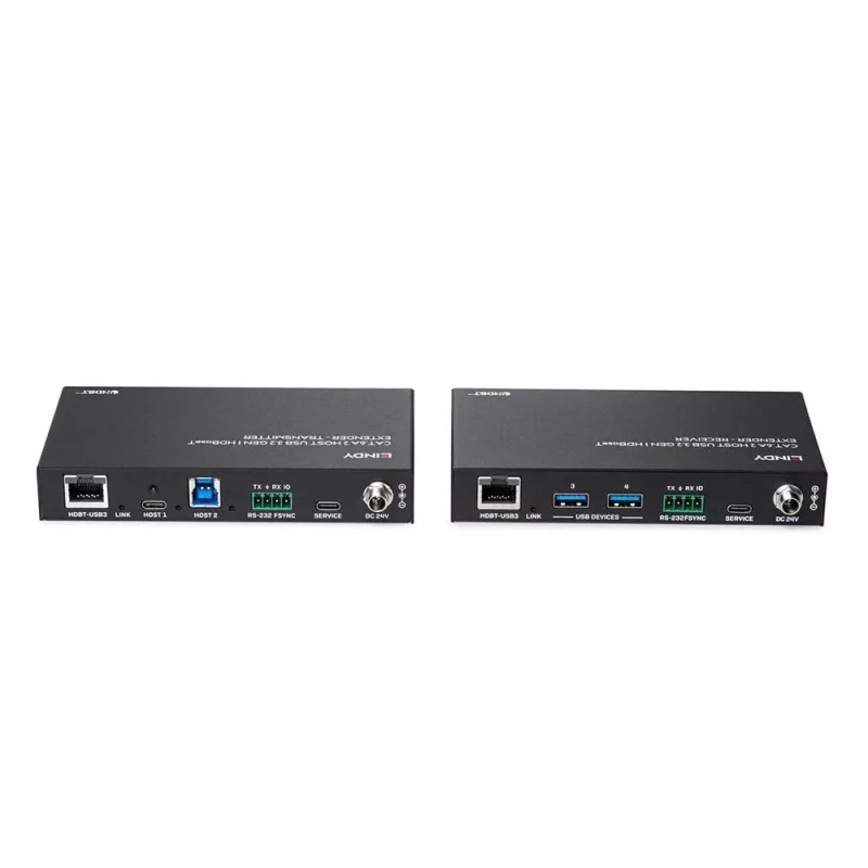 Lindy Extensor USB 3.2 Gen 1 HDBaseT Cat.6A de 100 m con 2 hosts, transmisor y receptor de red, 100 m, 480 Mbit/s, Cat6a, VS6320, bronce fosforoso