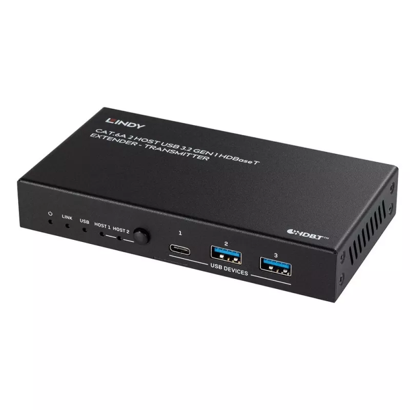 Lindy Extensor USB 3.2 Gen 1 HDBaseT Cat.6A de 100 m con 2 hosts, transmisor y receptor de red, 100 m, 480 Mbit/s, Cat6a, VS6320, bronce fosforoso