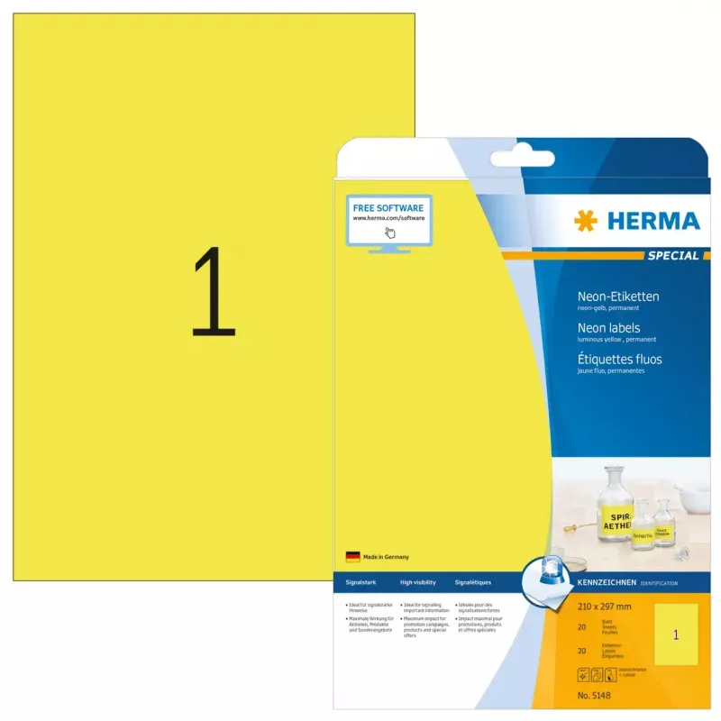 Etiquetas HERMA neón A4 210x297 mm amarillo intenso papel mate 20 uds.