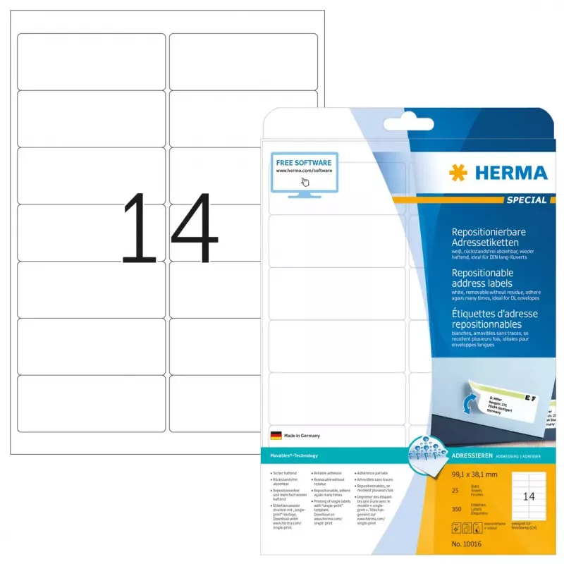 Etiquetas de dirección reutilizables HERMA 99,1x38,1 mm blanco 350 uds.