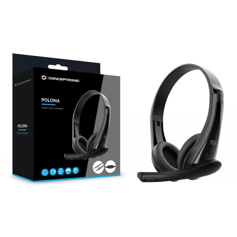 Auriculares con cable CONCEPTRONIC POLONA06B3T, estéreo 3,5 mm, micrófono con cancelación de ruido, supraaurales, 20–20000 Hz, cable de 1,8 m, negro