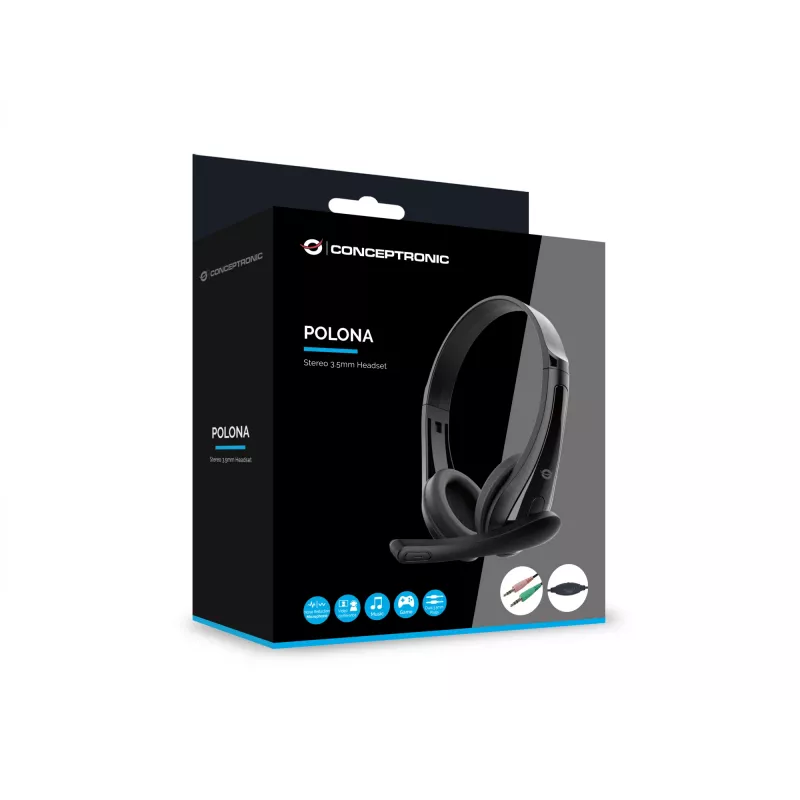 Auriculares con cable CONCEPTRONIC POLONA06B3T, estéreo 3,5 mm, micrófono con cancelación de ruido, supraaurales, 20–20000 Hz, cable de 1,8 m, negro