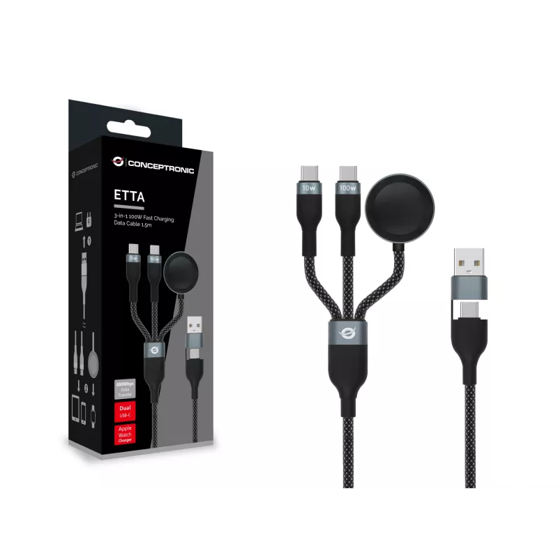 Cable de carga rápida y datos 3 en 1 USB A a 2× USB-C Conceptronic ETTA08B15 — 1,5 m, USB 2.0, 5 A, cargador Apple Watch, 100 W E‑Mark