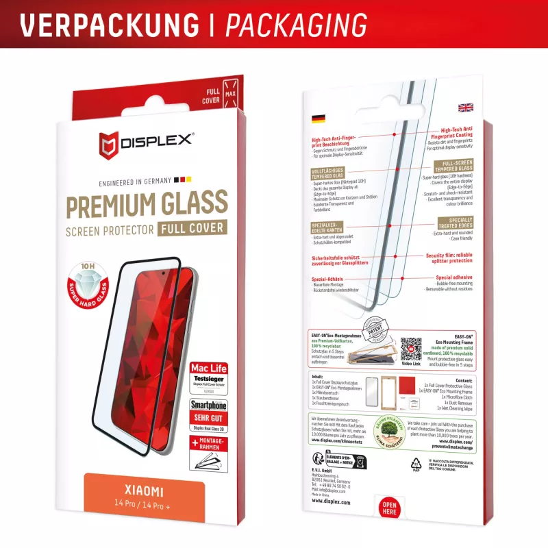 Displex Premium cristal protector de pantalla (Full Cover, 10H) para Xiaomi Redmi Note 13 Pro+/Note 14 Pro(+), marco de montaje Eco, Full Cover