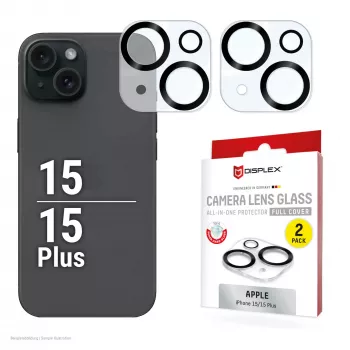 Displex Full Cover cristal de lente de cámara iPhone 15/15 Plus, 10H, protección total de cámara, Quick Mount, 2 uds.