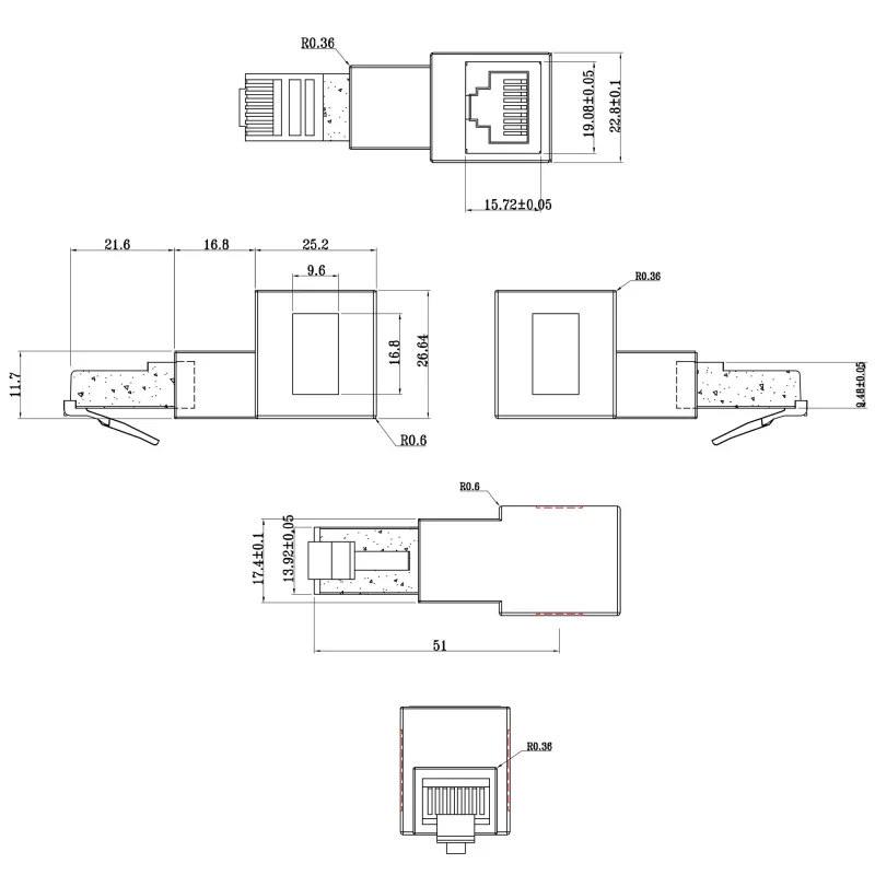InLine adaptador de cable de red Cat.6A, RJ45 macho / hembra, acodado 90° hacia abajo