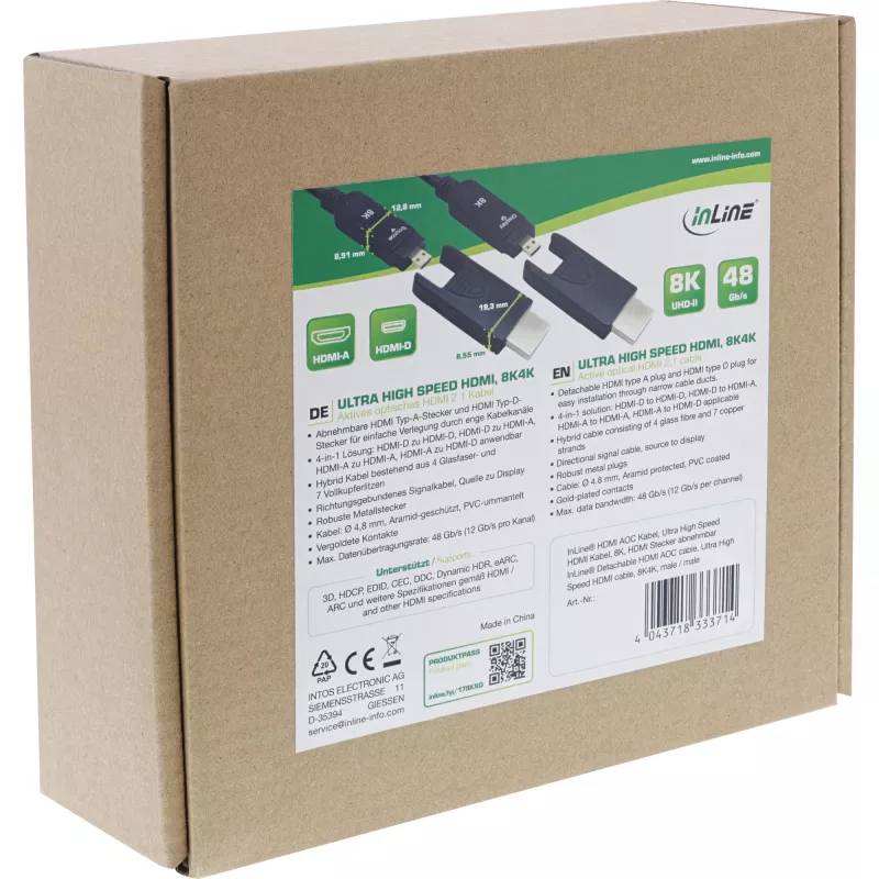 InLine cable HDMI AOC, HDMI Ultra High Speed, 8K4K, conector desmontable, 20m