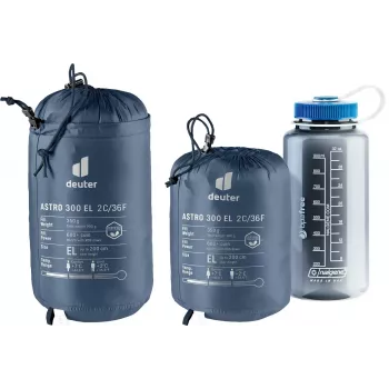 Saco de dormir momia DEUTER Astro 300 EL +2°C/36°F — altura máxima de usuario 200 cm, ancho 790 mm, profundidad 520 mm, Ripstop azul