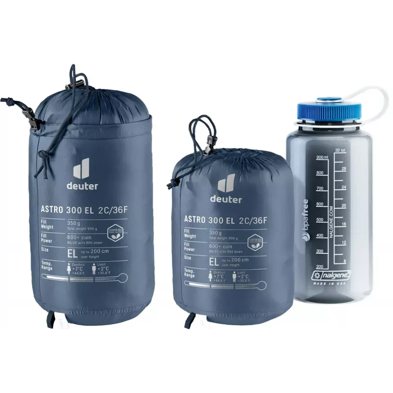 Saco de dormir momia DEUTER Astro 300 EL +2°C/36°F — altura máxima de usuario 200 cm, ancho 790 mm, profundidad 520 mm, Ripstop azul