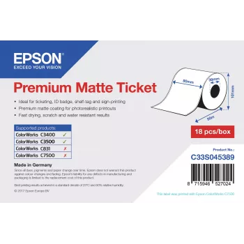 Epson Premium Matt Ticket - Rollo: 80 mm x 50 m, mate, 107 g/m², 1 ud., 107 mm, 108 mm, 89 mm