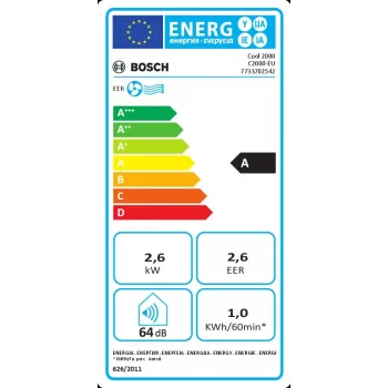 Aire acondicionado portátil Bosch Cool 2000 — blanco, clase A, 1 kWh/h, R290, hasta 88 m³