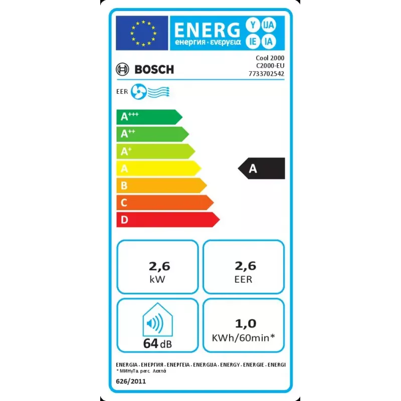 Aire acondicionado portátil Bosch Cool 2000 — blanco, clase A, 1 kWh/h, R290, hasta 88 m³