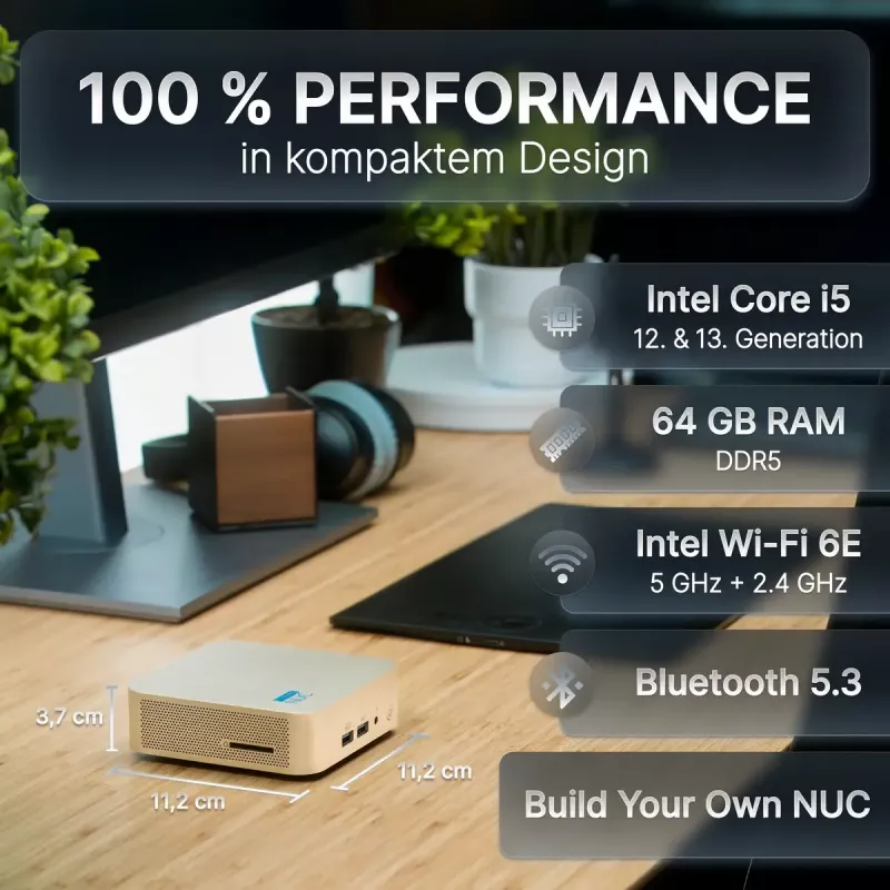 Mini PC FutureNUC Lux NUC 13i5HL – Intel Core i5-13420H, 16 GB DDR4, 512 GB SSD, Intel Iris Xe, Windows 11 Pro, dorado