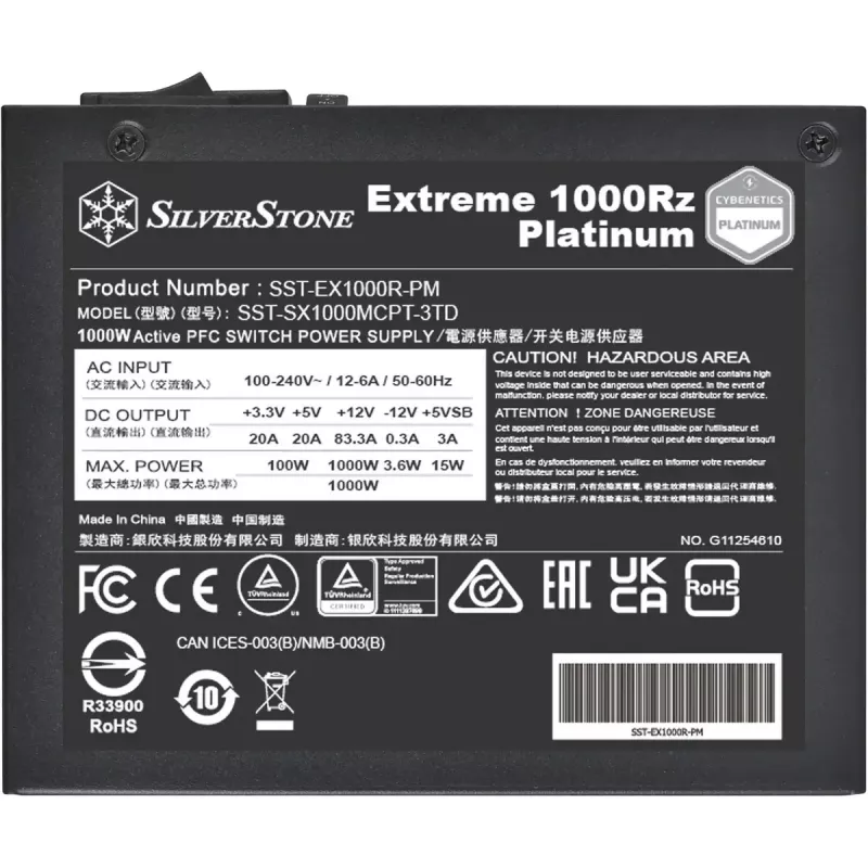 Silverstone Technology Extreme 1000Rz Platinum (negro, 2x 12 pines GPU de alto rendimiento, 8x PCIe, gestión de cables, 1000 vatios)