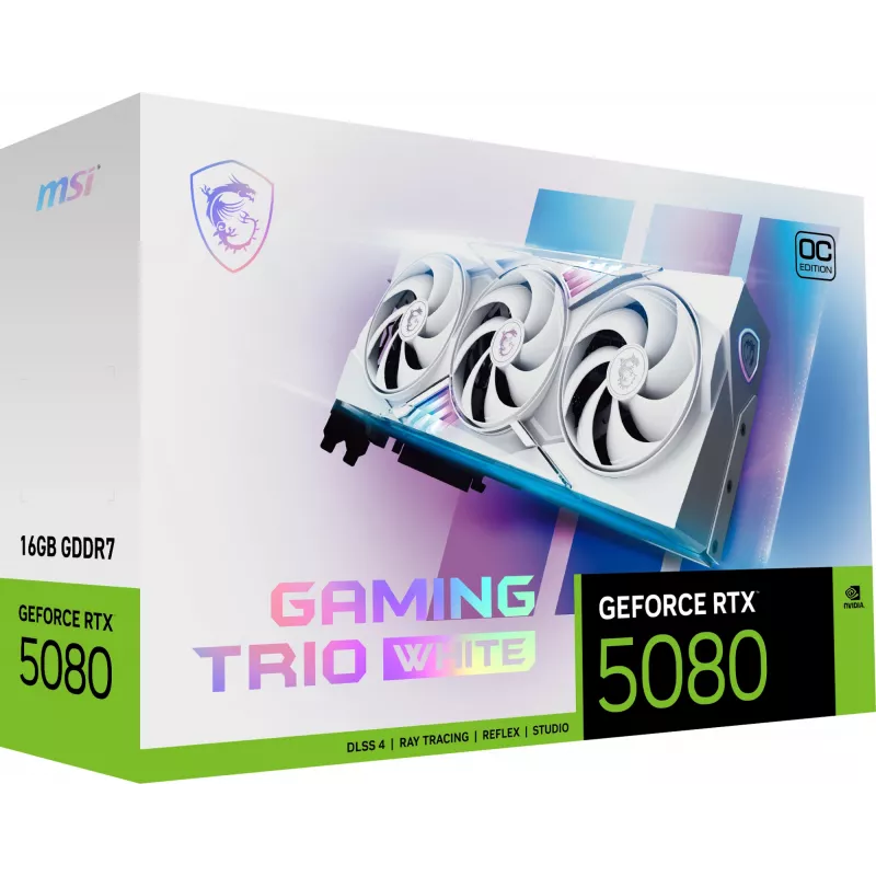 Tarjeta gráfica MSI GeForce RTX 5080 16 GB GDDR7, PCIe 5.0, 256-bit, 3xDP 2.1a + HDMI 2.1b, 360 W, 3 ventiladores, blanco