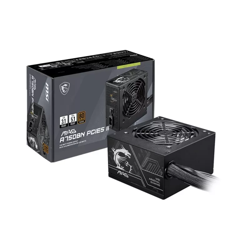 Fuente de alimentación MSI MAG A750BN PCIE5 II 750 W, 24-pin ATX, no modular, 80 PLUS Bronze, ventilador de 120 mm, negro