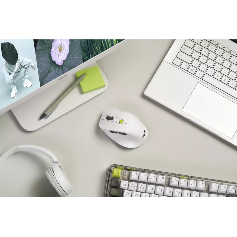 Ratón ASUS MD105 /VT-GN — para diestros RF inalámbrico + Bluetooth, 2400 DPI, rueda de desplazamiento, a pilas, blanco/verde