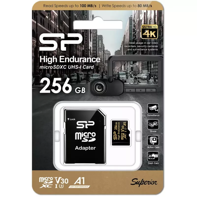 Tarjeta microSDXC Silicon Power SP256GBSTXDV3V1HSP 256 GB Class 10 High Endurance, 3,6 V, 0–70°C