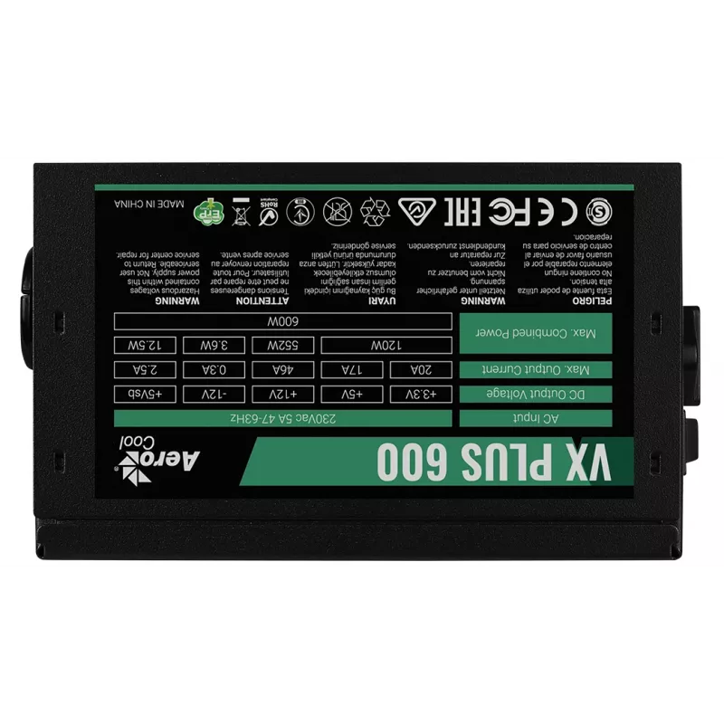 Fuente de alimentación Aerocool VX PLUS 600 600 W 20+4 pin ATX ATX Negra