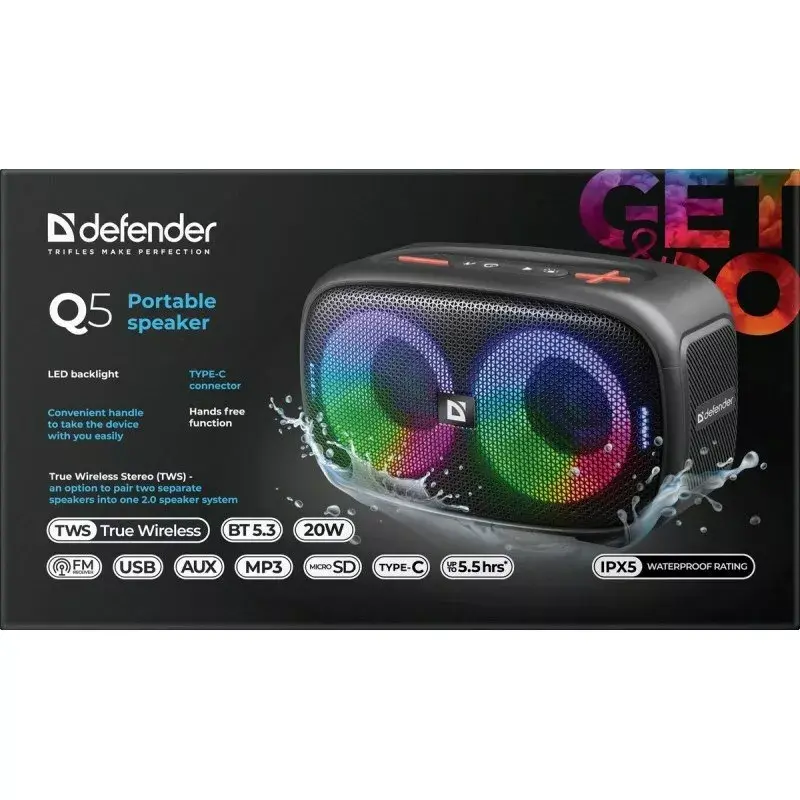 Altavoz Bluetooth portátil estéreo Defender Q5, 20W, iluminación LED, radio FM, TWS