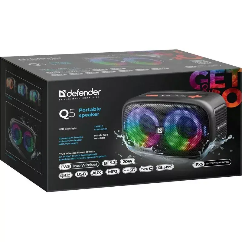 Altavoz Bluetooth portátil estéreo Defender Q5, 20W, iluminación LED, radio FM, TWS
