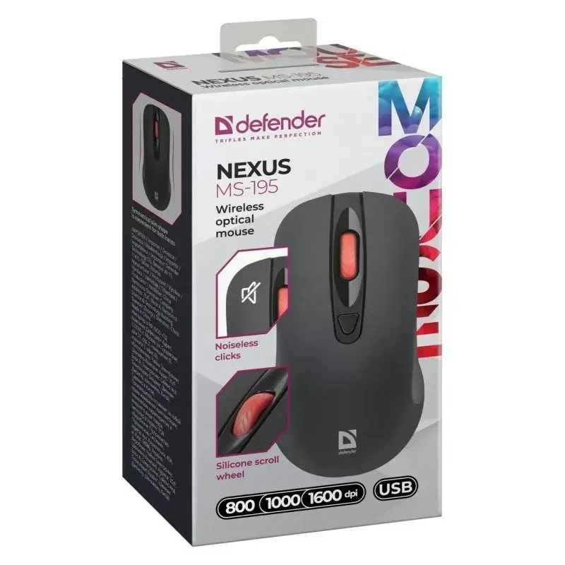 Ratón óptico inalámbrico RF Silent DEFENDER Nexus MS-195 — 1600 DPI, 2,4 GHz, nano USB, ambidiestro, 2×AAA, negro