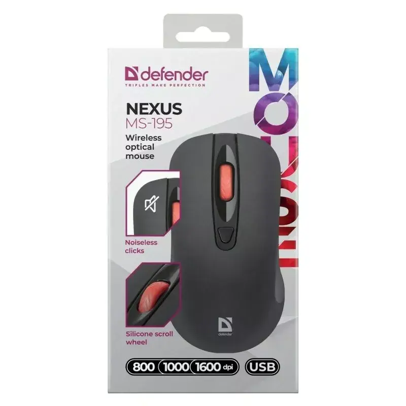 Ratón óptico inalámbrico RF Silent DEFENDER Nexus MS-195 — 1600 DPI, 2,4 GHz, nano USB, ambidiestro, 2×AAA, negro