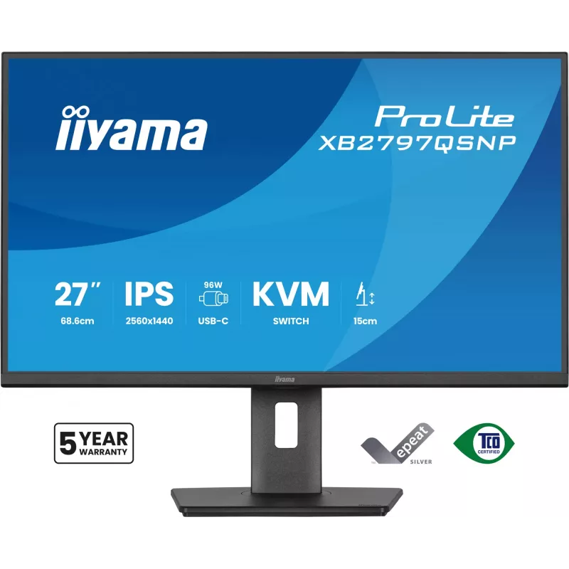 Monitor de ordenador IIYAMA ProLite XB2797QSNP-B1 68,6 cm (27 inch) 2560×1440 QHD LED, 16:9, mate, altavoces, hub USB 3.2, altura ajustable, VESA